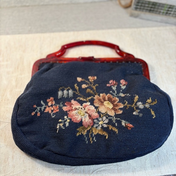 Handbags - Vintage Sewing Tapestry Bag/Handbag with Bakelite Handle, Blue Floral. Clutch